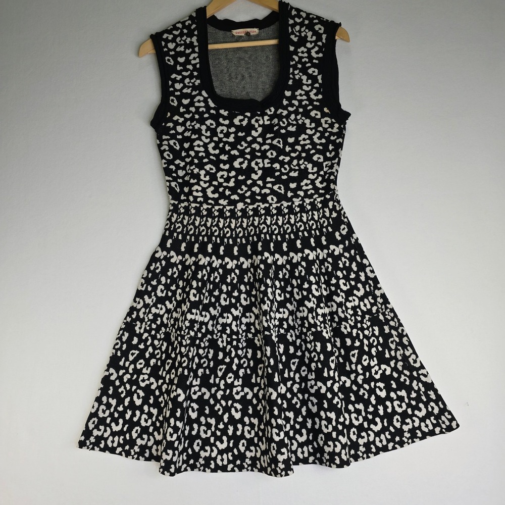 Rebecca Taylor Black White Leopard Print Knit Fit Flare Dress Scoop Neck